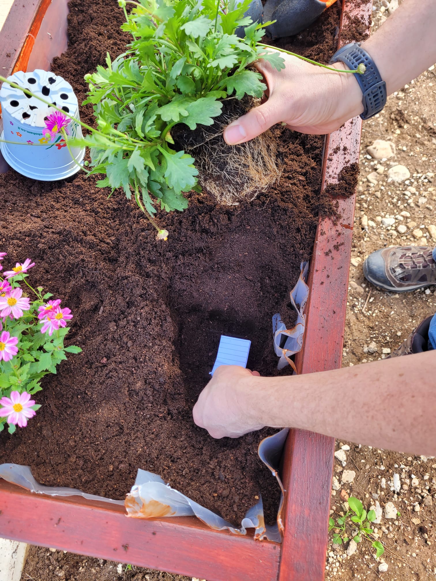 Participants with completed wooden garden planters